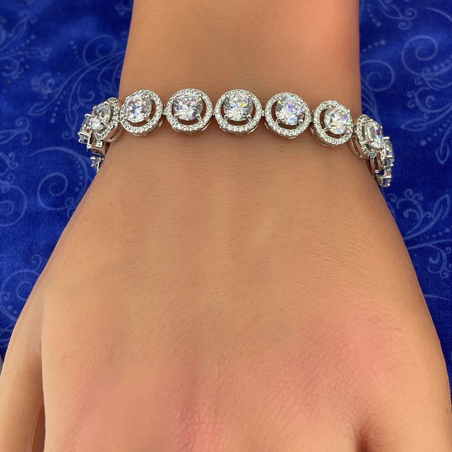 925 Sterling Silver Women’s 7” CZ Round Halos Bracelet 23.80g3