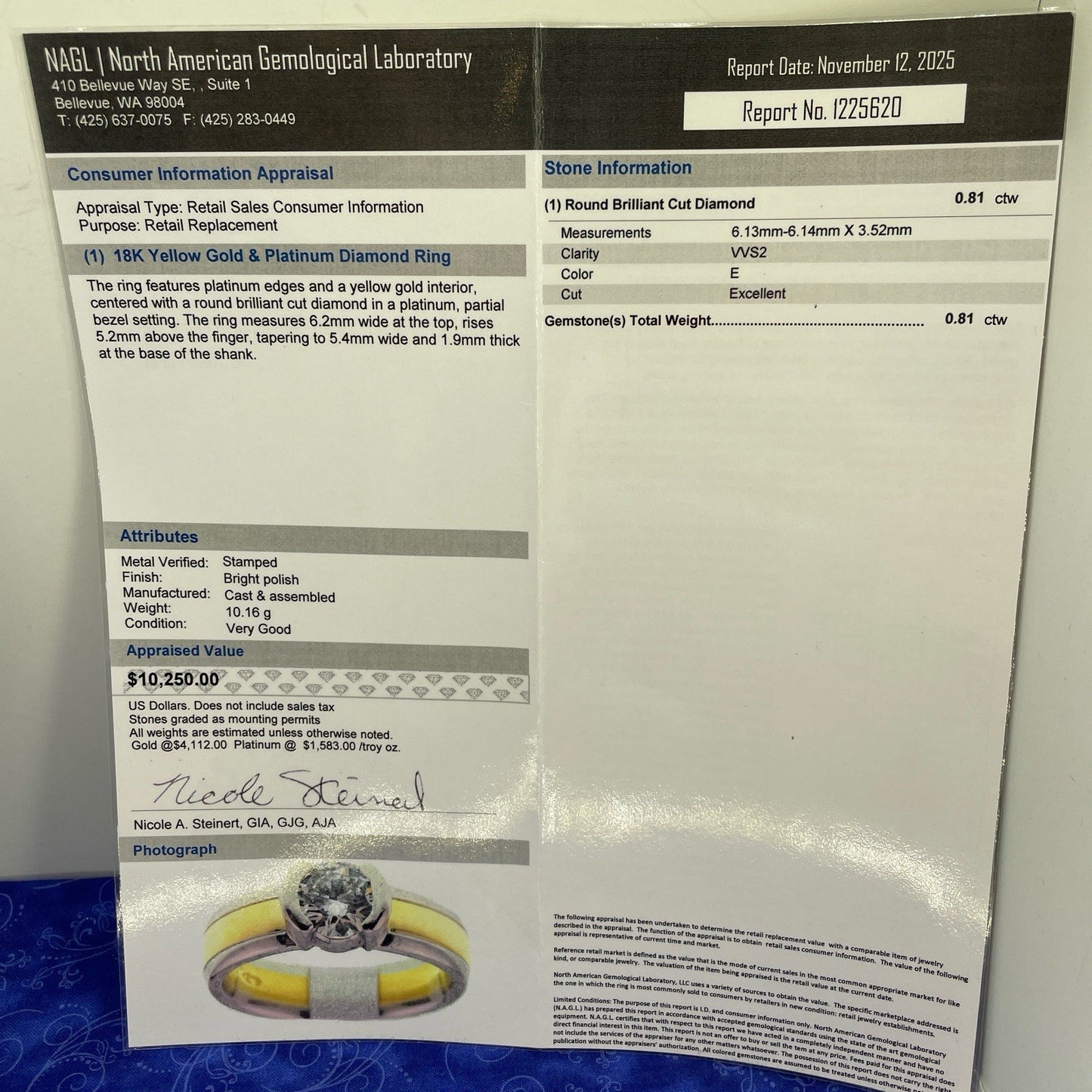 18k Yellow Gold & Platinum Diamond Ring 10.16g .8CT E VVS2 Size 6 W/ Appraisal4