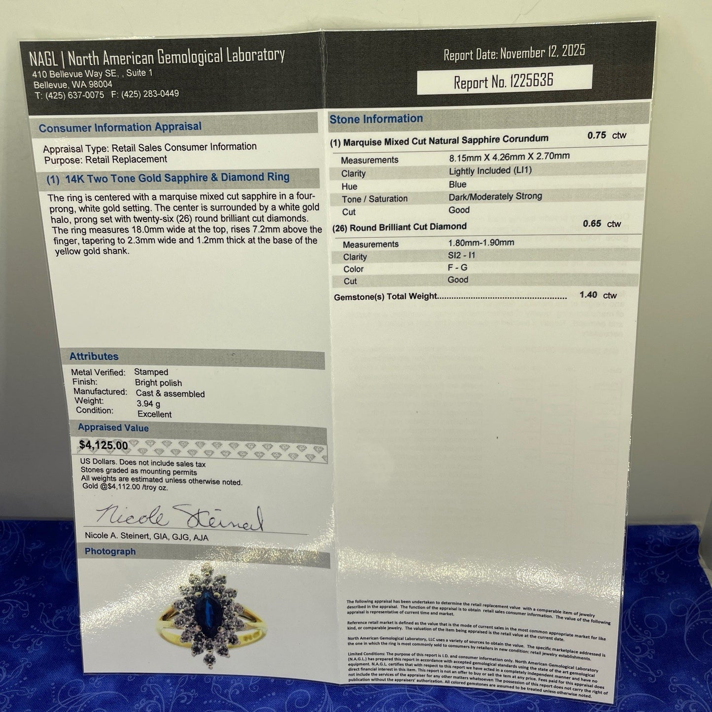 14k Yellow Gold  Marquise Sapphire Diamond Ring 3.94g Size 6.25 W/ Appraisal5