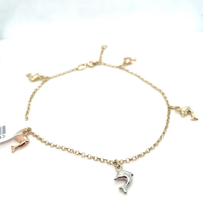 14K Tri Color Women’s Dolphins Anklet 3.80g0