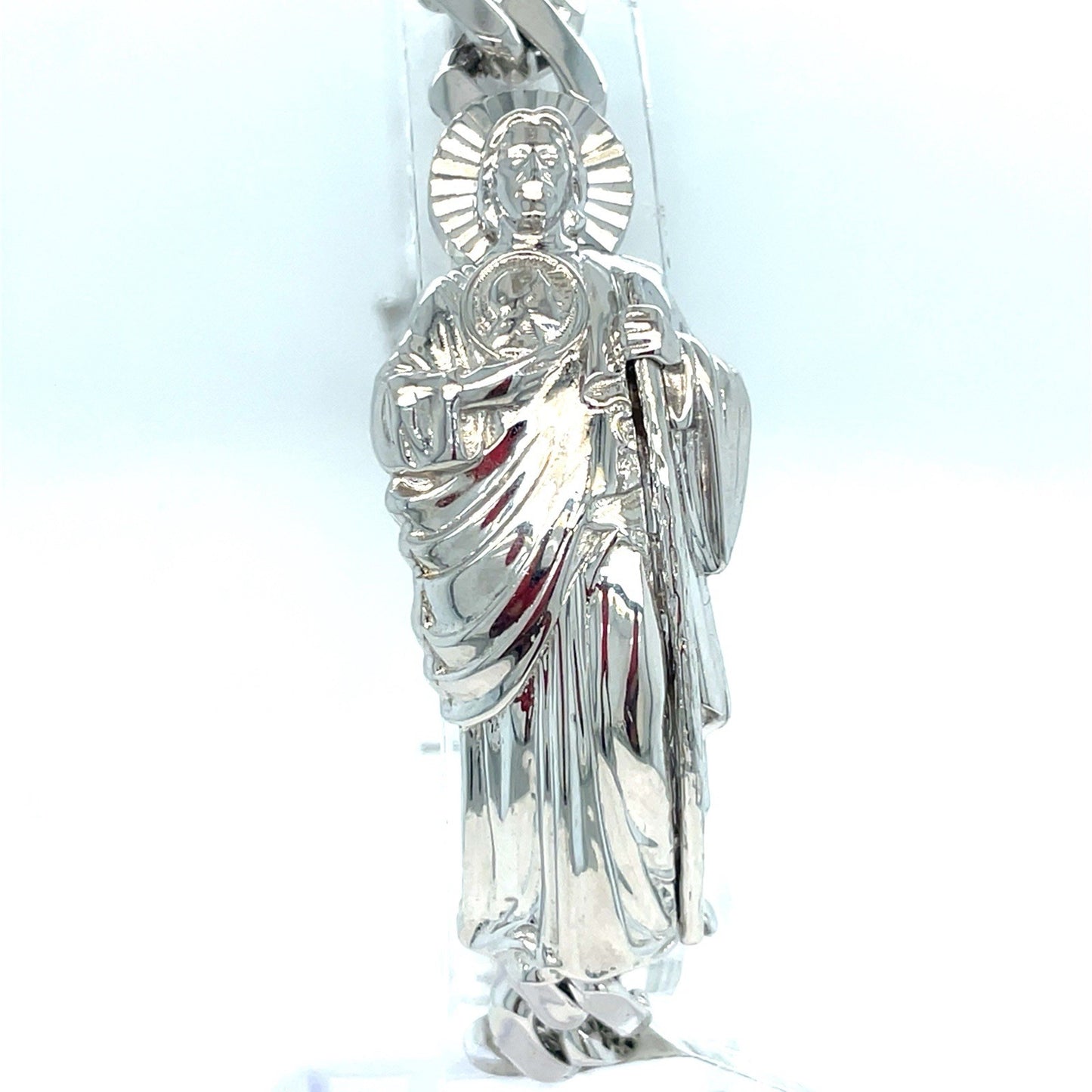 925 Sterling Silver 8” San Judas Cuban Link Style Bracelet 20.20g 8.8mm 0