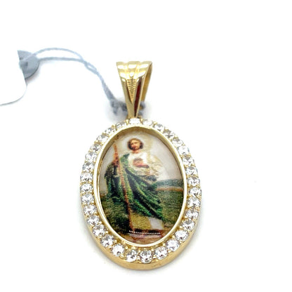 14k Yellow Gold CZ Oval San Judas Picture Pendant 3.10g1
