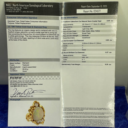 18K Yellow Gold Diamond Opal Ring 29.24g Size 9.54