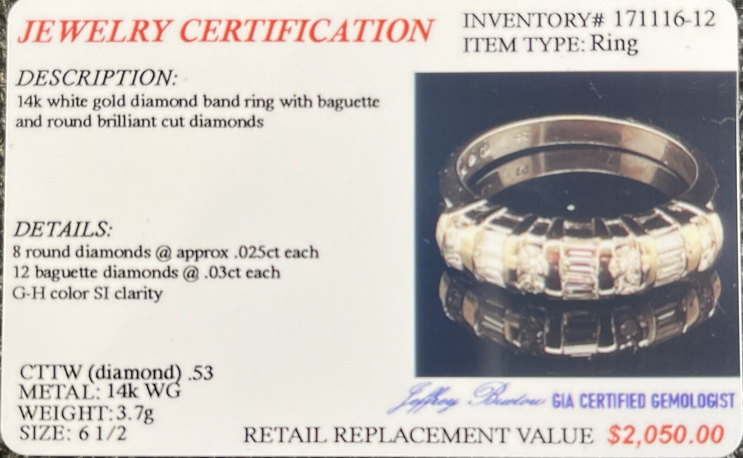 14k white gold diamond band ring w Bagguette And Round .53ctw G/H SI Size 6.54