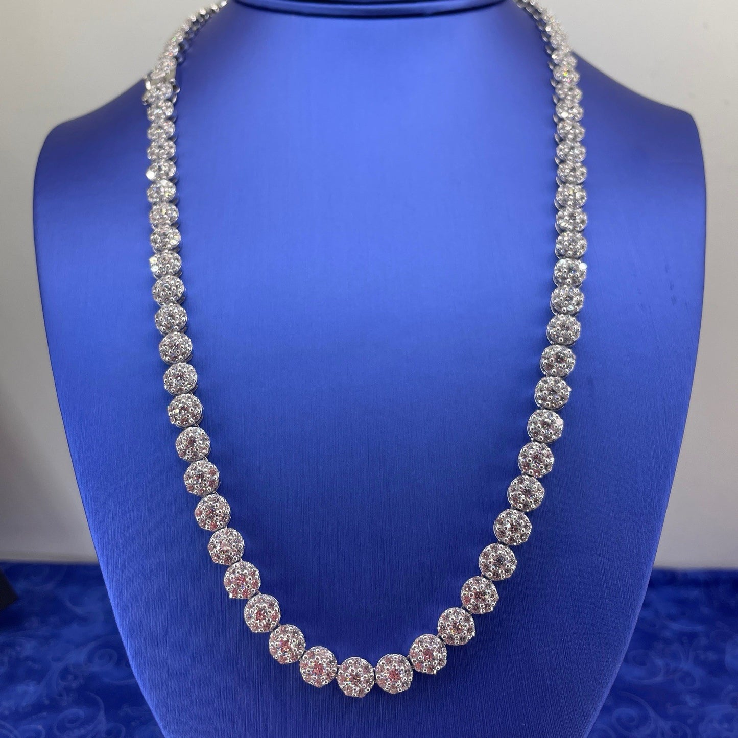 925 Sterling Silver CZ 22” Round Cluster Necklace 58.40g 7.2mm 1