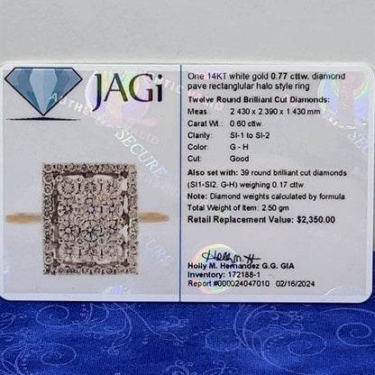 14 karat white gold rectangle diamond cluster ringG-H SI  .77 CTW size 75