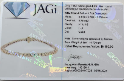 14 Karat white gold tennis bracelet 4.75 CTW round brilliant diamonds3
