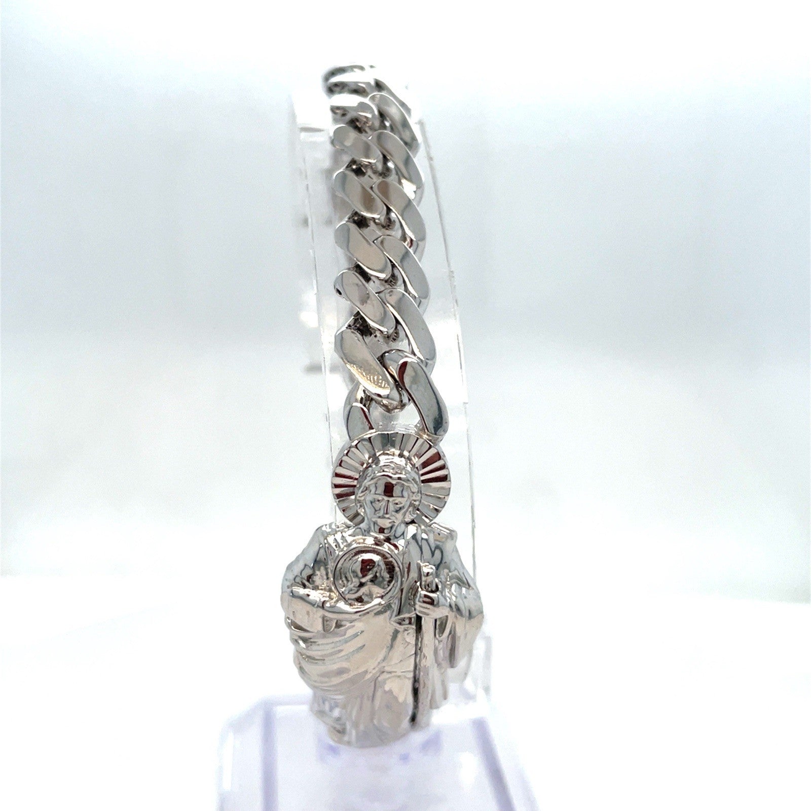 925 Sterling Silver 8” San Judas Cuban Link Style Bracelet 20.20g 8.8mm 2