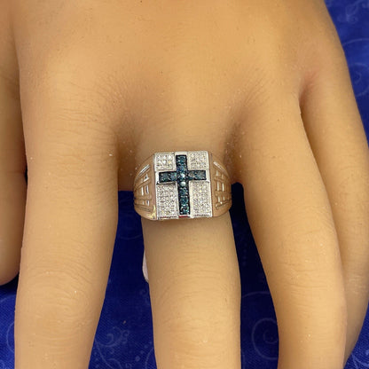 925 Sterling Silver Blue Cross Diamond Ring 5.00g .5CTW Size 104