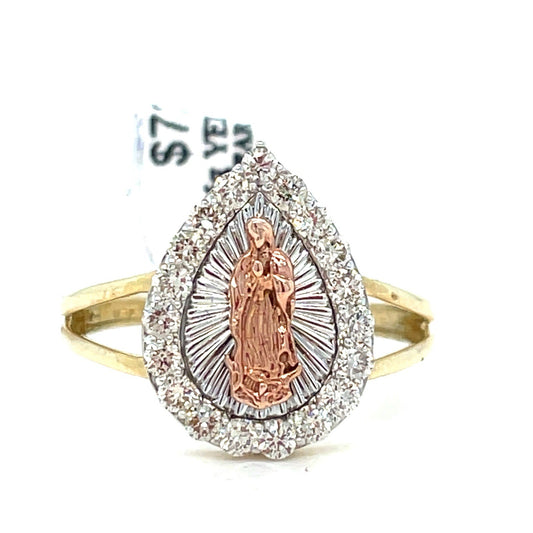 10k Tri Color Gold Pear Diamond Virgin Mary Ring 2.36g .5CTW Size 70