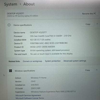 Omen 16-wd0xxx I5-13420h 2.10ghz 16GB Ram Rtx 40503
