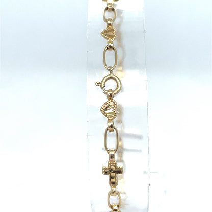 14k Yellow Gold Women’s 7” Hearts And Crosses Bracelet 3.20g 3