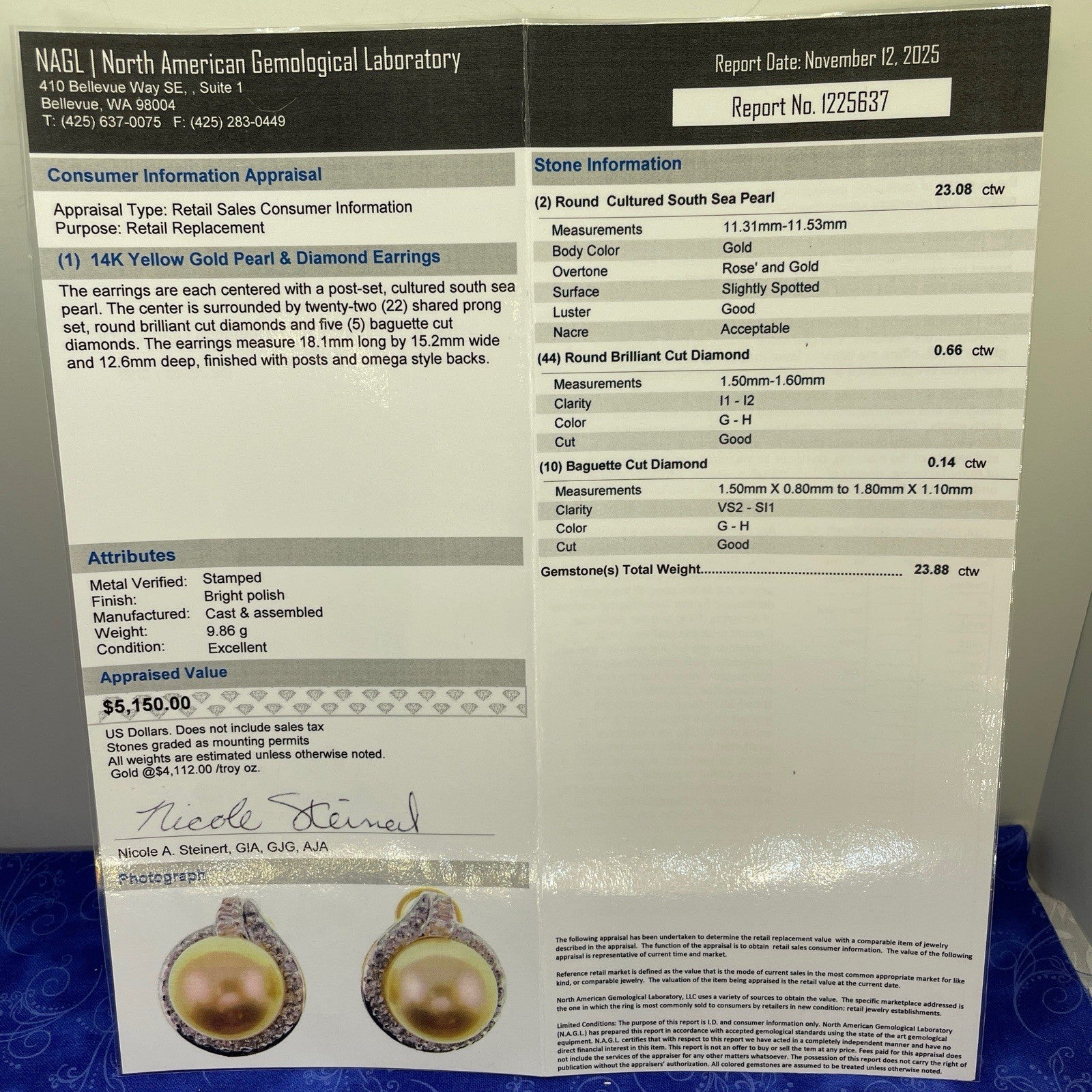 14k Yellow Gold Women’s South Sea Pearl Diamond Earrings 9.86g .8CT W/ Appraisal4