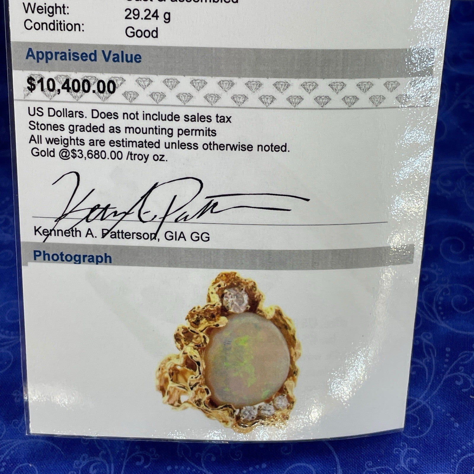18K Yellow Gold Diamond Opal Ring 29.24g Size 9.56