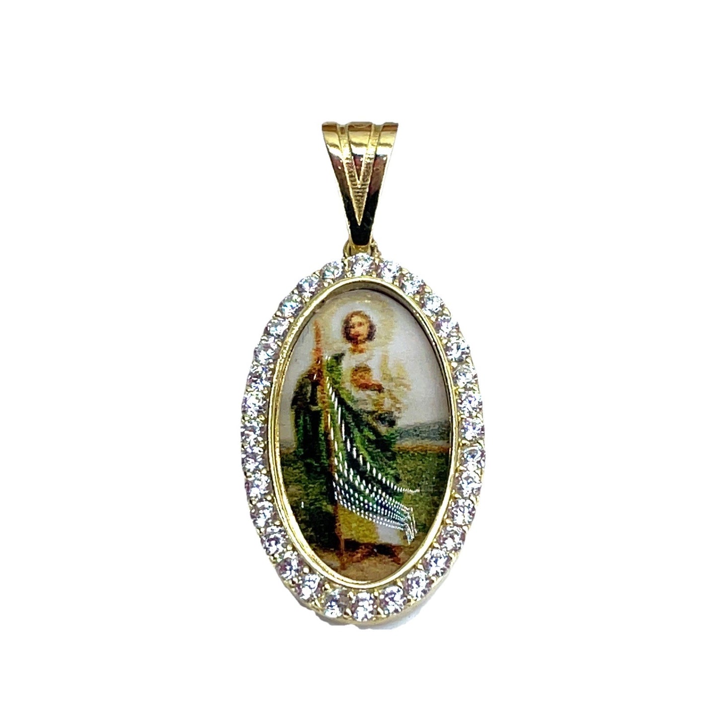 14k Yellow Gold CZ Oval San Judas Picture Pendant 3.10g0