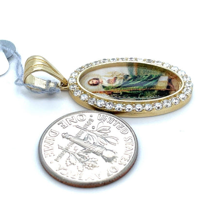 14k Yellow Gold CZ Oval San Judas Picture Pendant 3.10g2