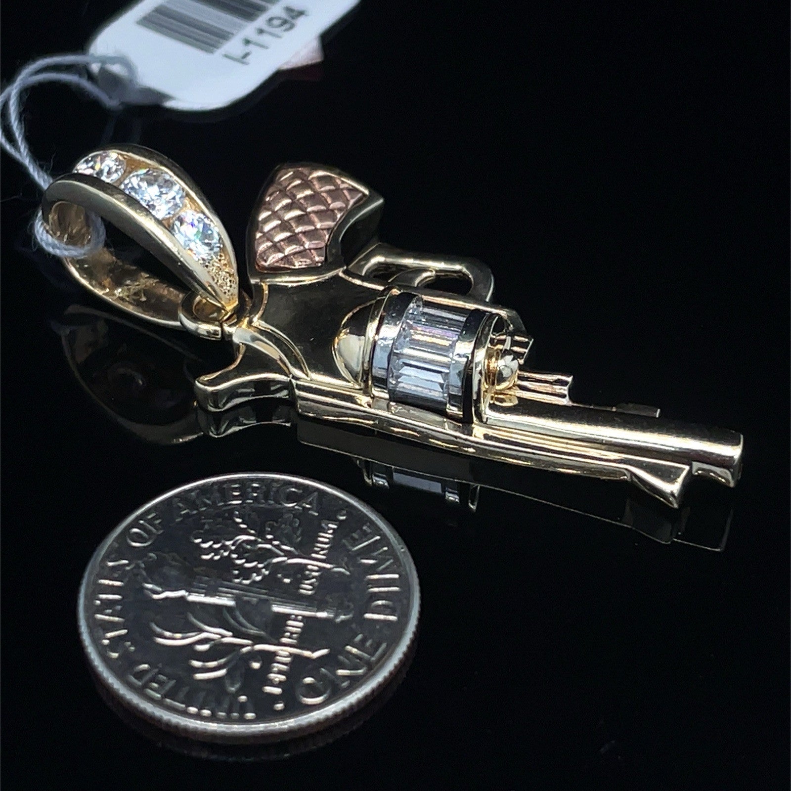 14k Tri Color Gold Men’s CZ Gun Pendant 7.40g 1