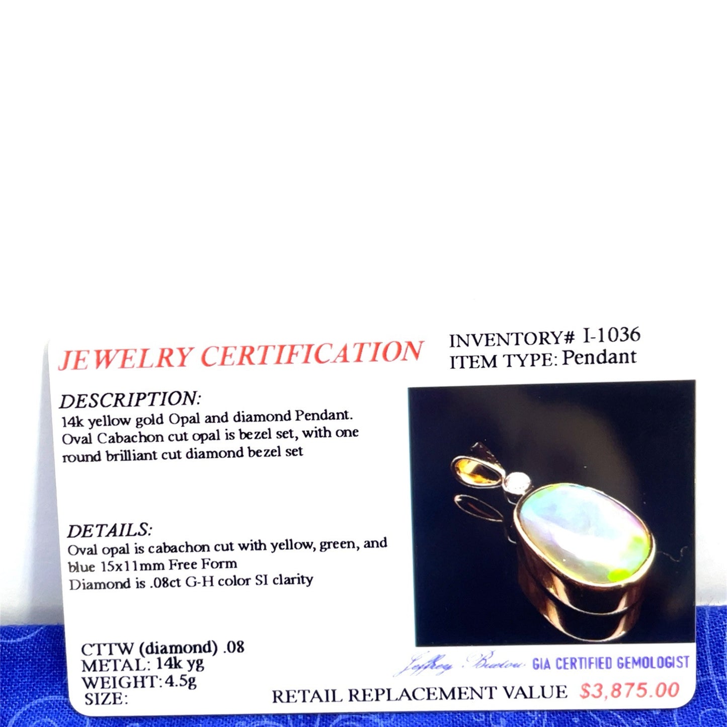 14k Yellow Gold Women’s Opal Pendant 4.50g 3