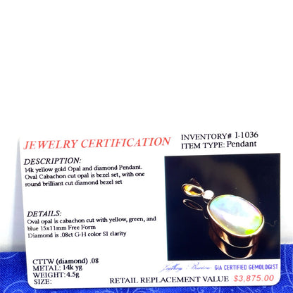 14k Yellow Gold Women’s Opal Pendant 4.50g 3